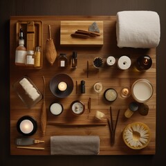 Fototapeta na wymiar A group of spa day and beauty items flat lay view. Generative AI. 