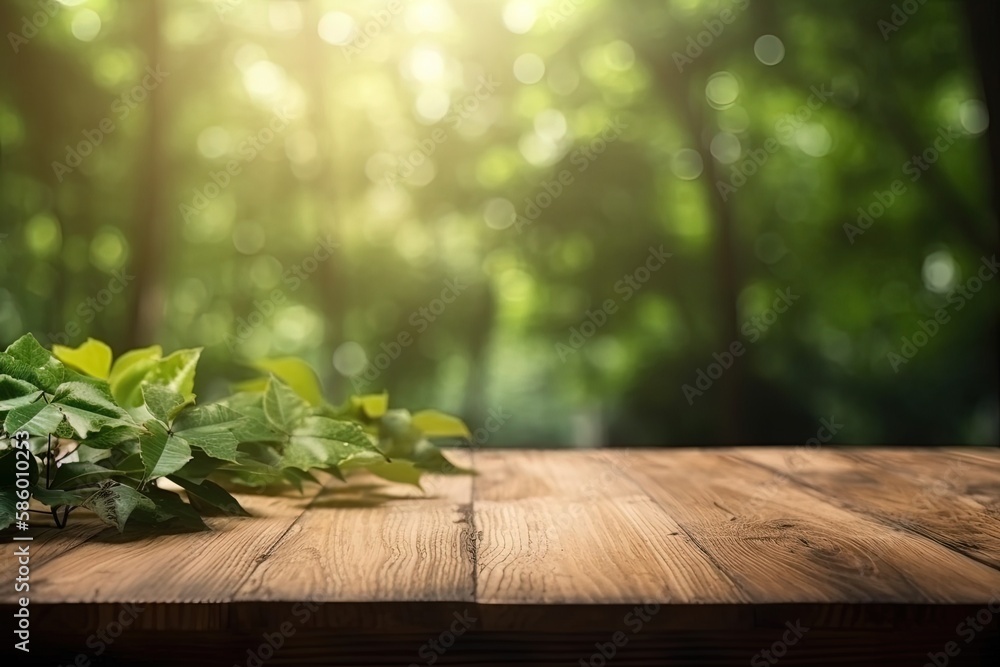 Poster rustic wooden table adorned with lush green leaves created with generative ai technology