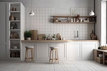 modern white-tiled kitchen with wooden shelves and stools created with Generative AI technology