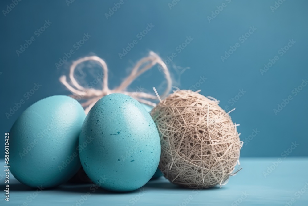 Poster illustration of three robin eggs resting in a nest created with generative ai technology