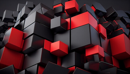 3D black and red cubes pile abstract background. Generative AI