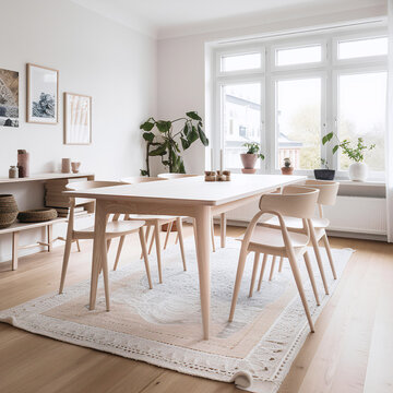 Editorial Style photo Low-angle view Scandinavian Dining Room Dining Table Textured Rug Simple Decor White, Light Wood Muuto Natural Light Copenhagen Late Afternoon Bright, Airy Modern Apartment