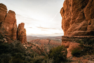 Wide angle view of best sunset in Sedona Arizona from Cathedral Rock Viewpoint.