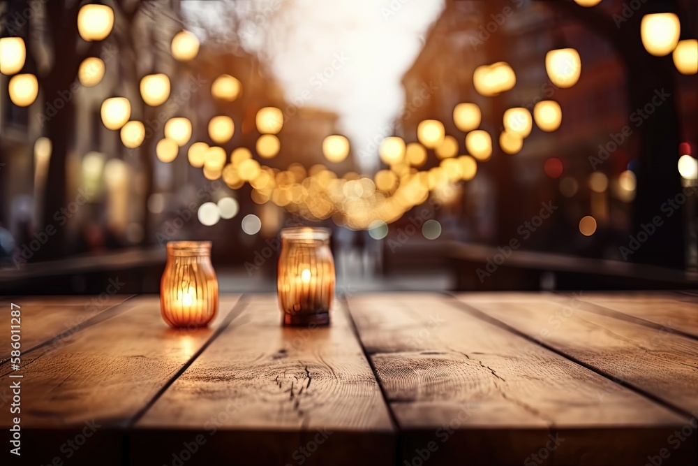 Poster illustration of two burning candles placed on a rustic wooden table created with generative ai techn