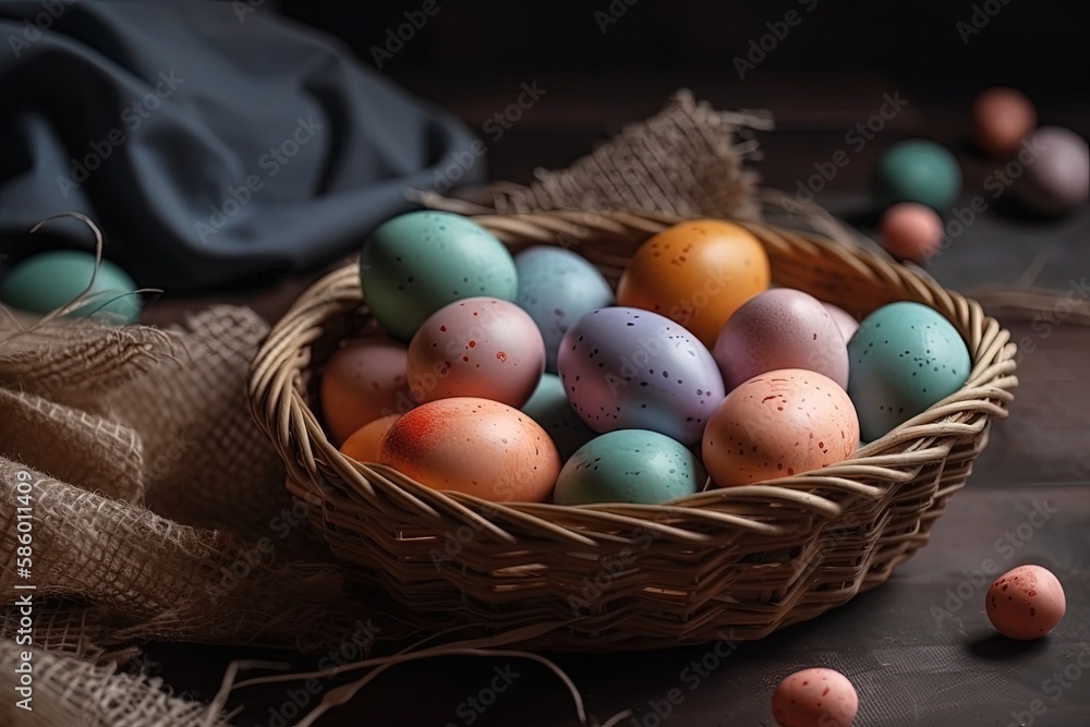 Poster basket filled with fresh eggs on a wooden table created with generative ai technology