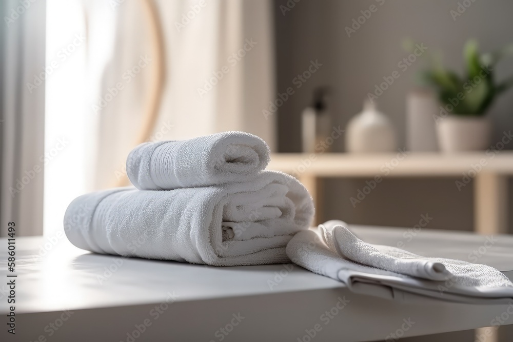 Aufkleber neat stack of white towels on a table created with generative ai technology