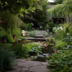 beautiful spring garden with a pond and chairs, ai
