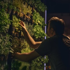 man working a wall of plants indoors, ai