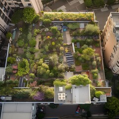 wide aerial shot of a garden on top of a building in the city, ai