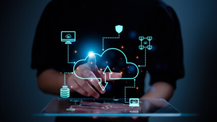 Cloud computing concept.Virtual cloud computing with world and technology items such as upload download. Cloud technology management big data includes business strategy and customer.