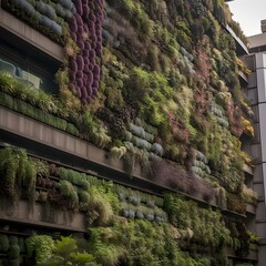 green and vegetation on the side of a building, ai
