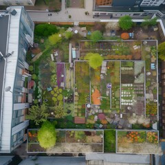 aerial shot of a community garden in the urban center, ai