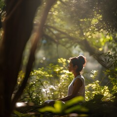 meditating in the spring forest filled with greenery, ai