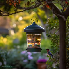 bird waiting and looking at colorful feeder filled with food, ai