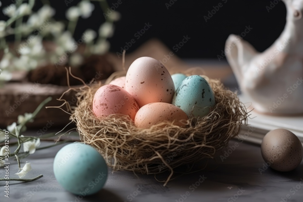 Poster birds nest with eggs on a wooden table created with generative ai technology