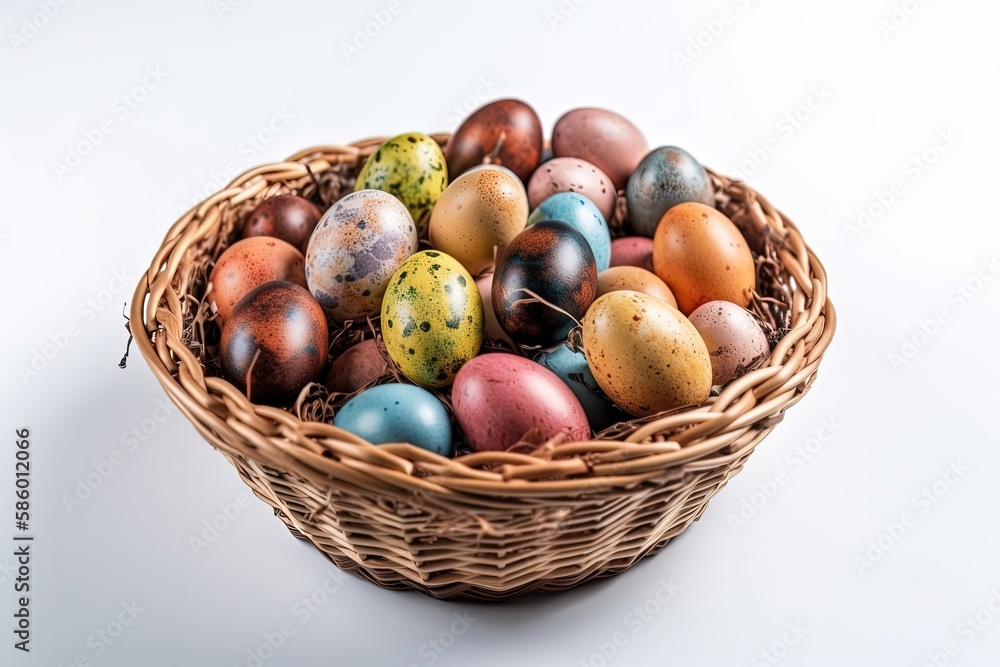 Poster colorful easter basket overflowing with eggs created with generative ai technology