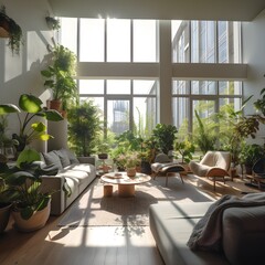 amazing green urban loft in a city, ai