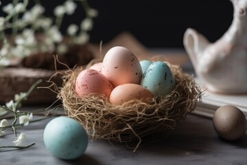 Naklejka na ściany i meble birds nest with eggs on a wooden table created with Generative AI technology