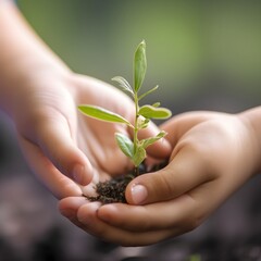 small hands holding a tiny plant, ai
