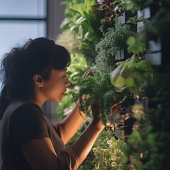 woman tending her indoor urban plants, ai