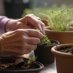 hands of a woman tending her plants, ai