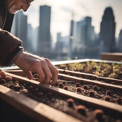 man tending his urban garden, ai
