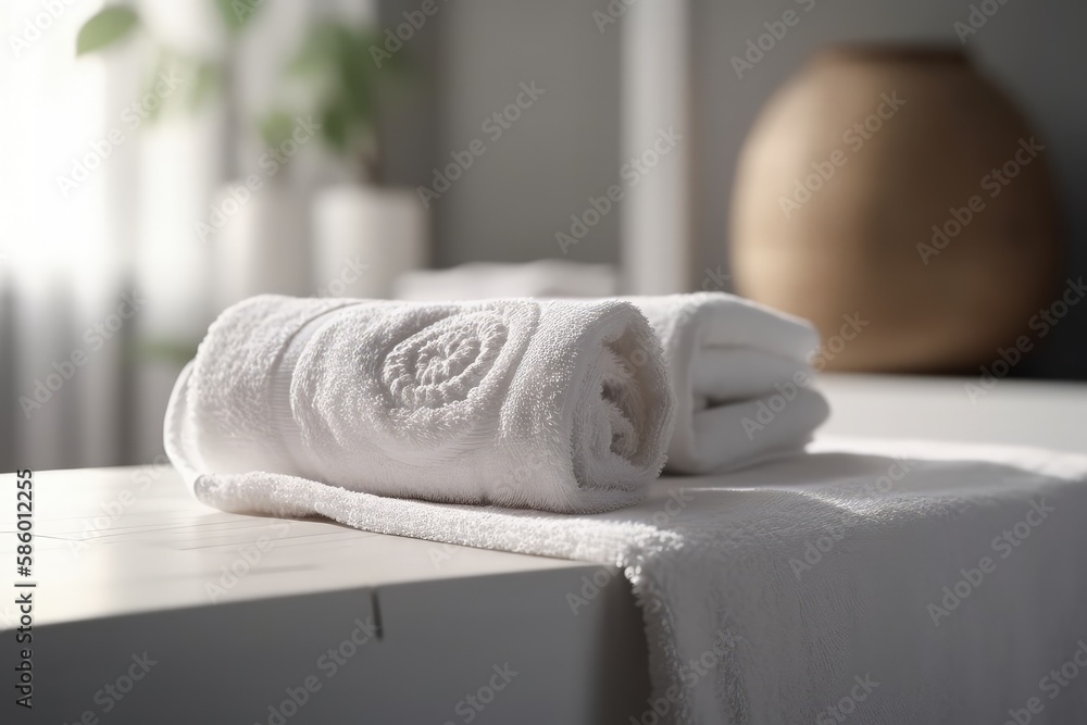 Poster neat stack of white towels arranged on a wooden table created with generative ai technology