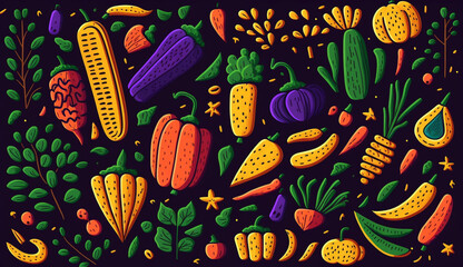 Naklejka premium Vegetable pattern hand-drawn illustrations with bold, vibrant colors. Generative AI.