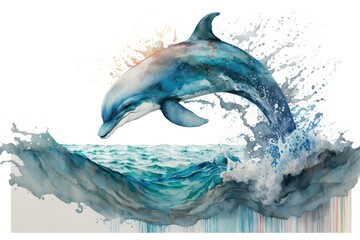 A playful dolphin leaping out of the ocean waves, painted with cool and calming blue watercolors Generative AI