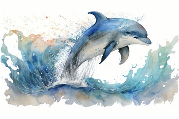 Fototapeta premium A playful dolphin leaping out of the ocean waves, painted with cool and calming blue watercolors Generative AI