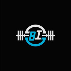 Initial letter BI logo for gym or fitness with dumbbell icon and circle line