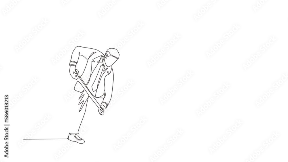Poster self drawing animation of single line draw businessman digging in dirt using shovel. man in suit dig