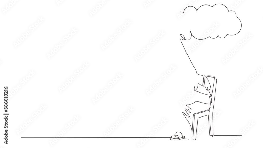 Poster animated self drawing of continuous one line draw arab businessman sitting under cloud. failure. man