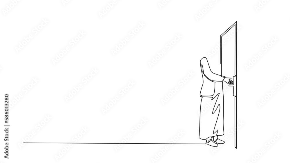 Poster animated self drawing of continuous line draw arabian inserts key into keyhole which is on the door.