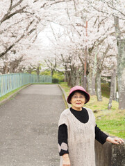 桜咲く春の運動公園で散策する高齢女性