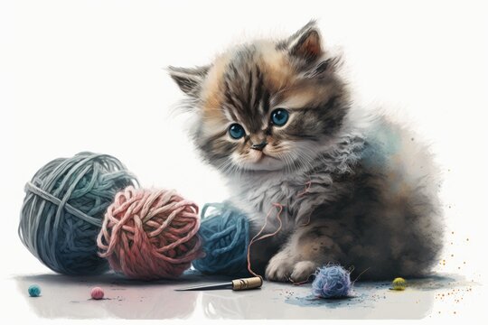 A playful kitten with a watercolor ball of yarn Generative AI