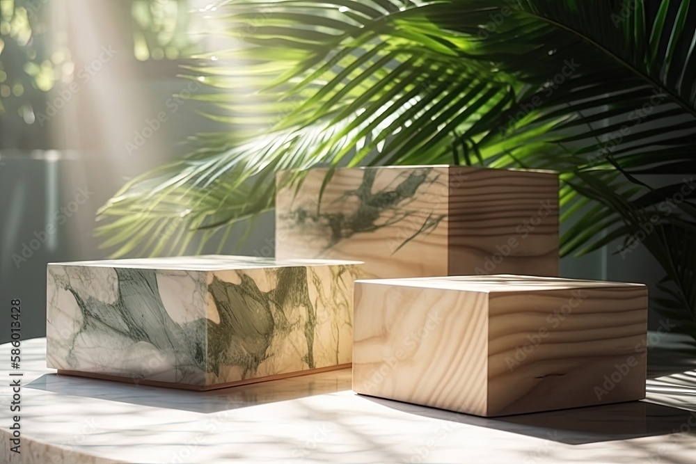 Poster illustration of three wooden boxes arranged on a table created with generative ai technology