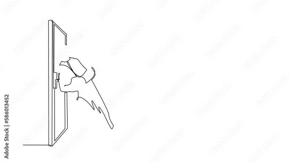 Poster animated self drawing of continuous line draw arabian businessman running wants to break down the do