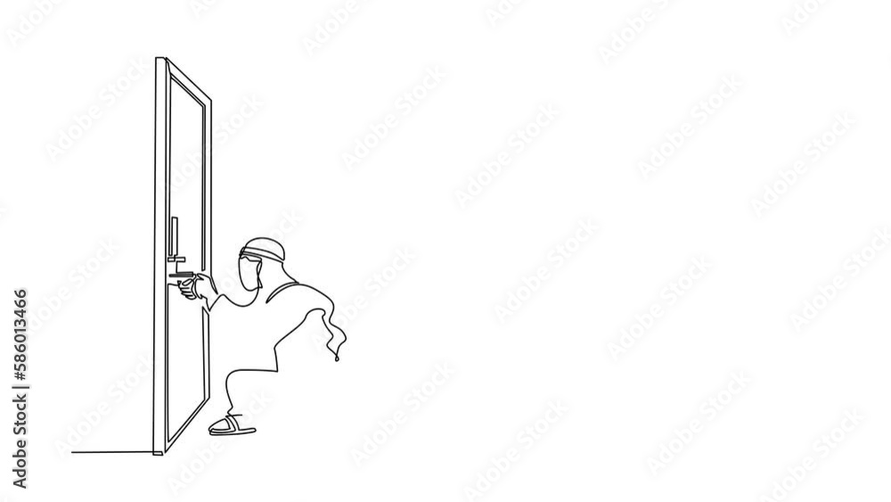 Poster animated self drawing of continuous line draw arabian prying doorknob with screwdriver. man repair b