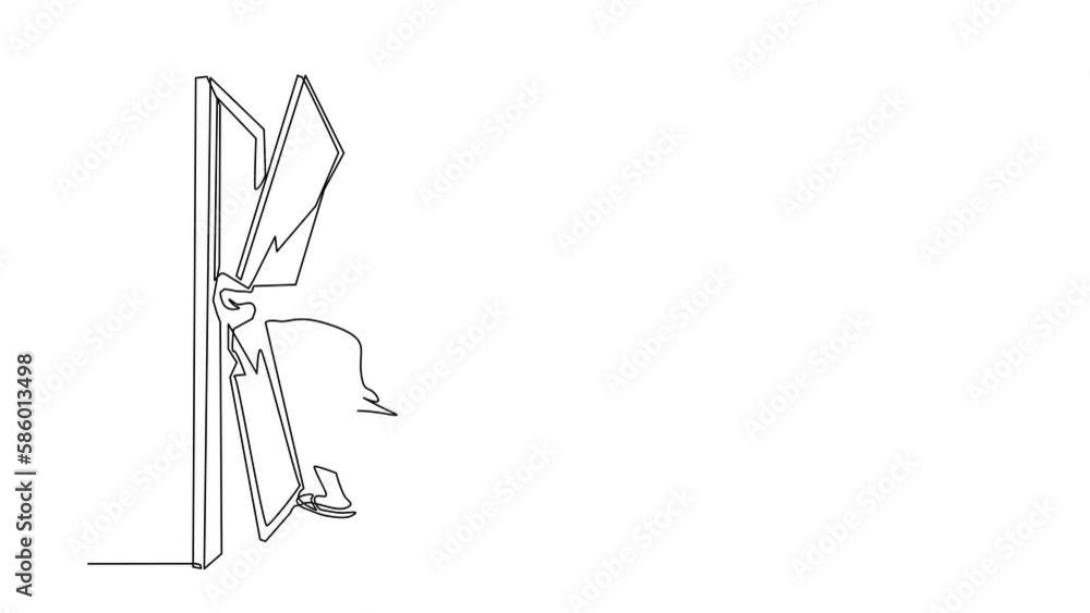 Poster animated self drawing of continuous line draw arabian punching destroying door. eliminating barrier 