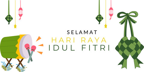 eid mubarak background with eid ketupat icons and percussion instruments