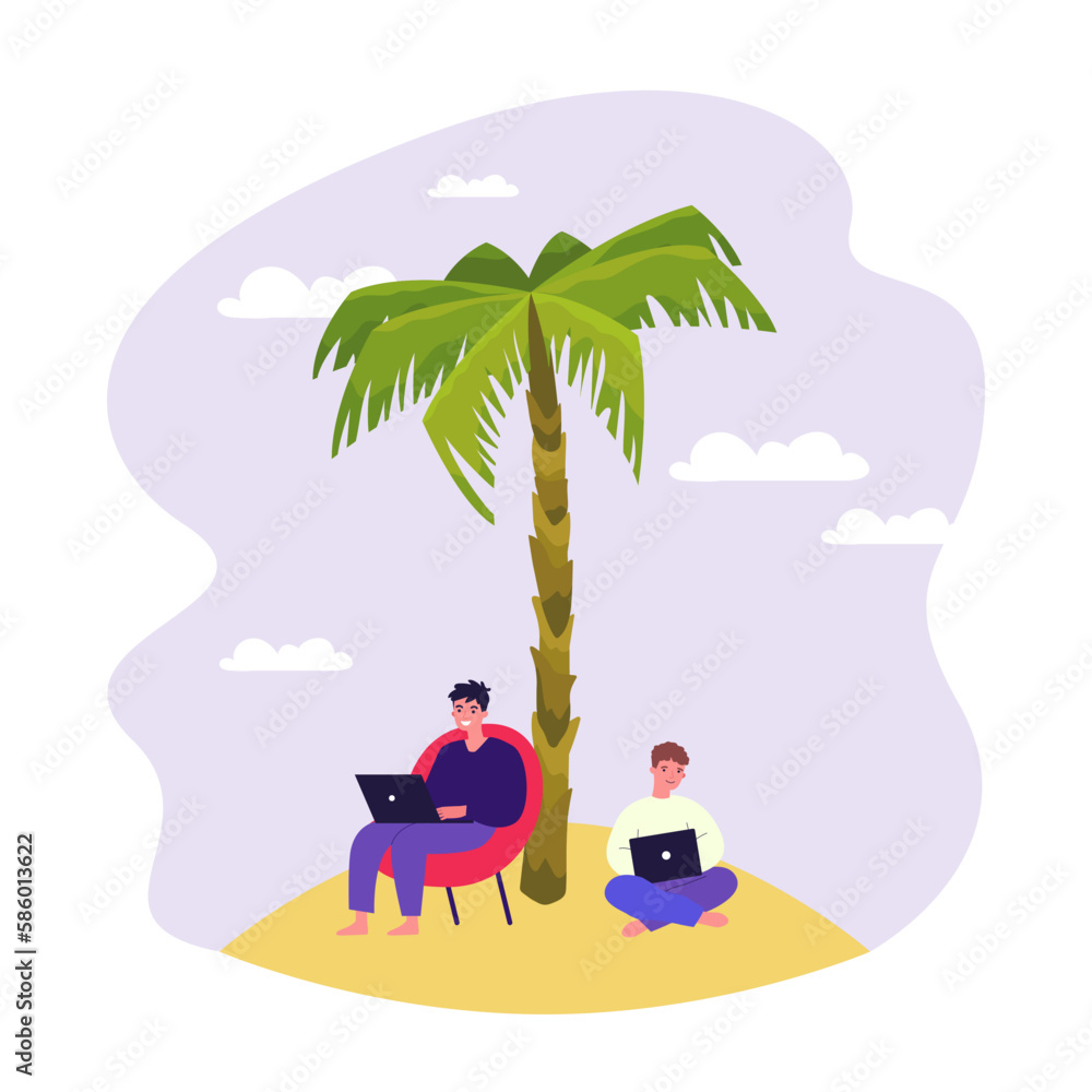 Poster happy workers working on laptops under palm tree. men sitting on beach and working remotely while on
