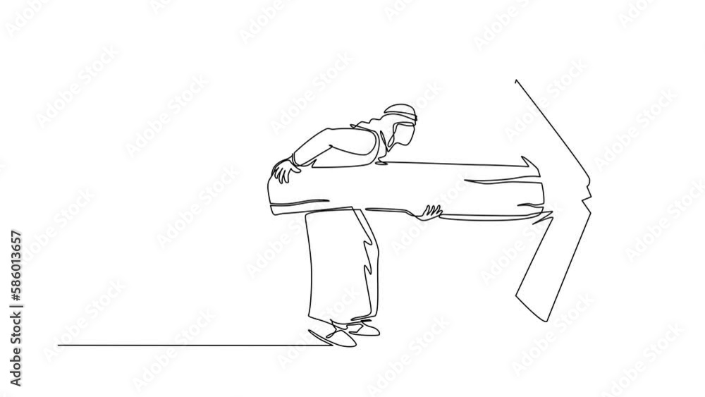 Poster Animated self drawing of continuous line draw Arab holding large log and destroying door. Overcome challenges, and destroying obstacle with power and brute force. Full length single line animation