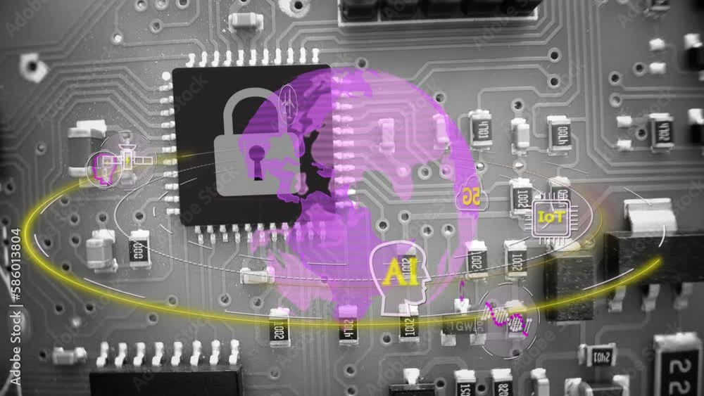 Poster cyber security concept, globe with tech icons on motherboard background - 3d render