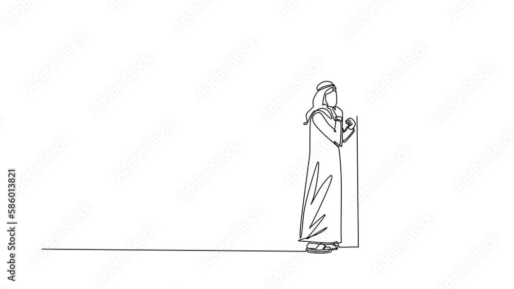 Poster animated self drawing of continuous line draw arabian thinking in front of big obstacle. abstract re