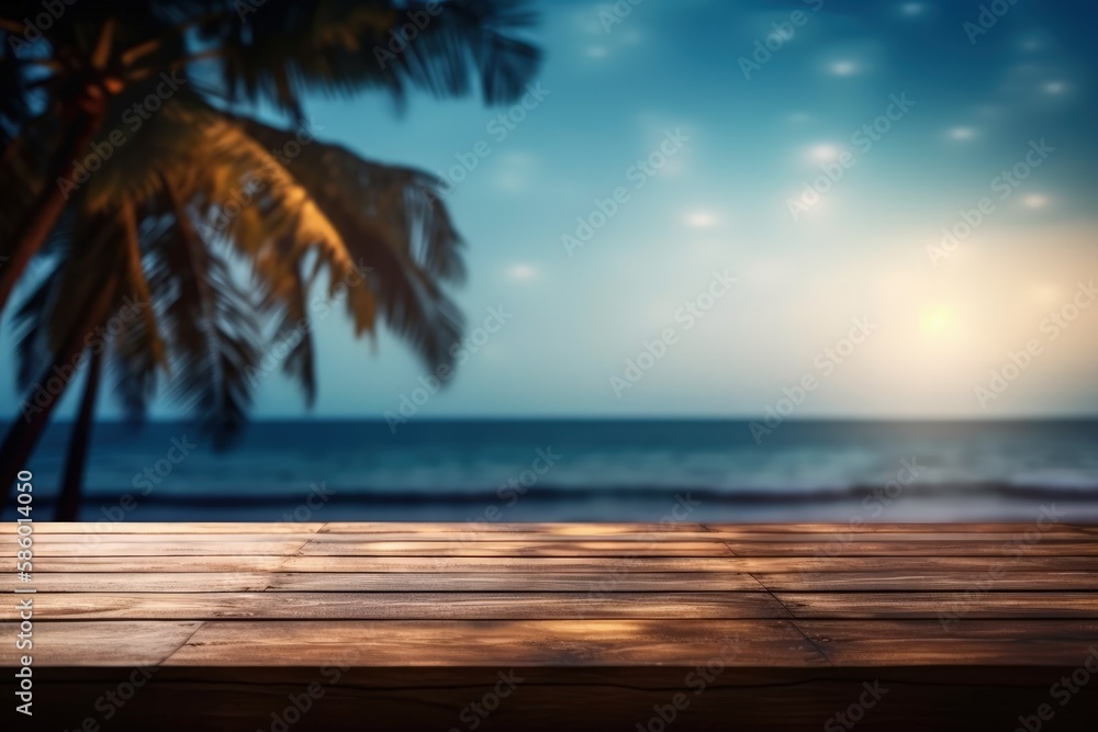 Poster wooden table overlooking the sea with a scenic view created with generative ai technology