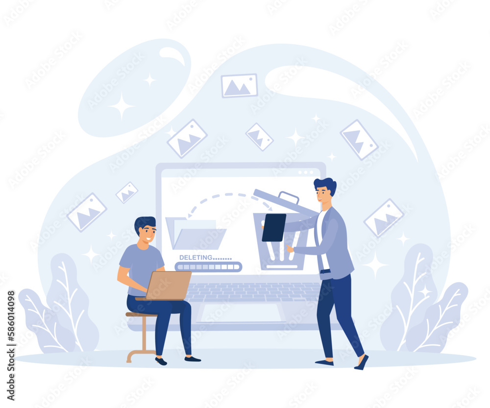 Poster delete concept. tiny people deleting data. flat vector modern illustration.