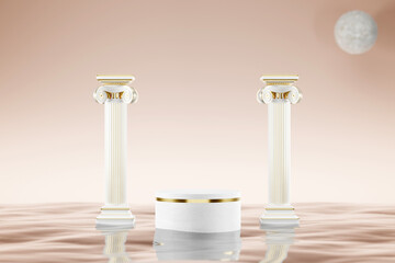3D empty white podium decorated with classic roman columns on light pink sky background with the moon, abstract water with reflection. 3D illustration