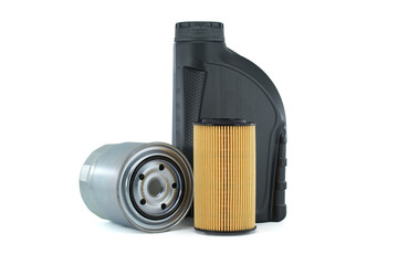 Motor oil and oil filters over white background