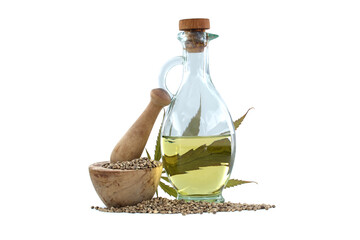 Cannabis leaf, hemp oil and hemp seeds on white